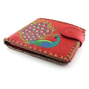 Lavishy Divine Pockets Peacock Feather Embroidery Vegan Bi fold Wallet Red